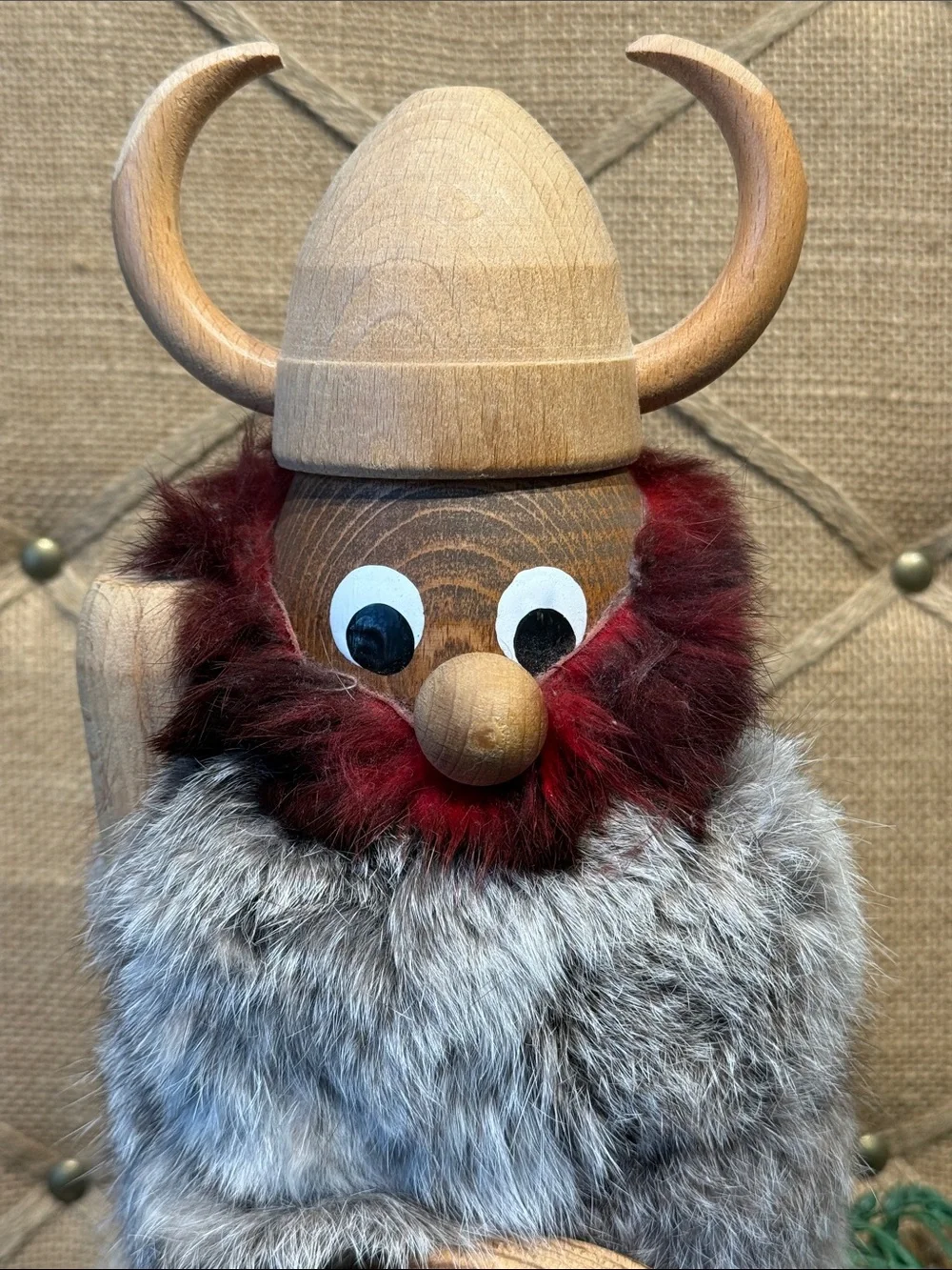 Wooden Viking Figurine with Fur and Drum